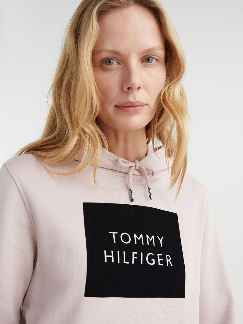 Beige Tommy Hilfiger Organic Cotton Flocked Logo Hoodies | NZ_W21156