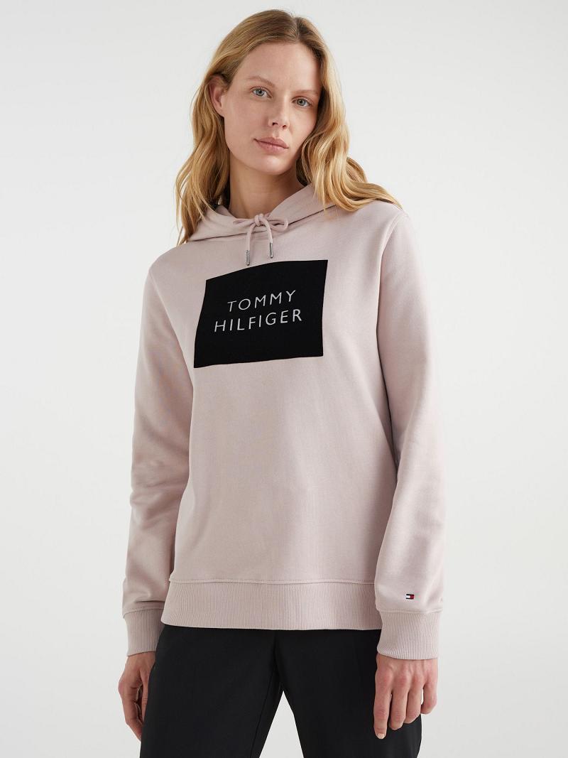 Beige Tommy Hilfiger Organic Cotton Flocked Logo Hoodies | NZ_W21156