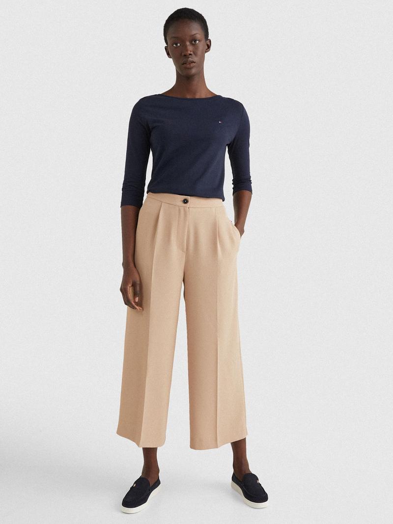 Beige Tommy Hilfiger Relaxed Fit Wide-Leg Pants | NZ_W21250