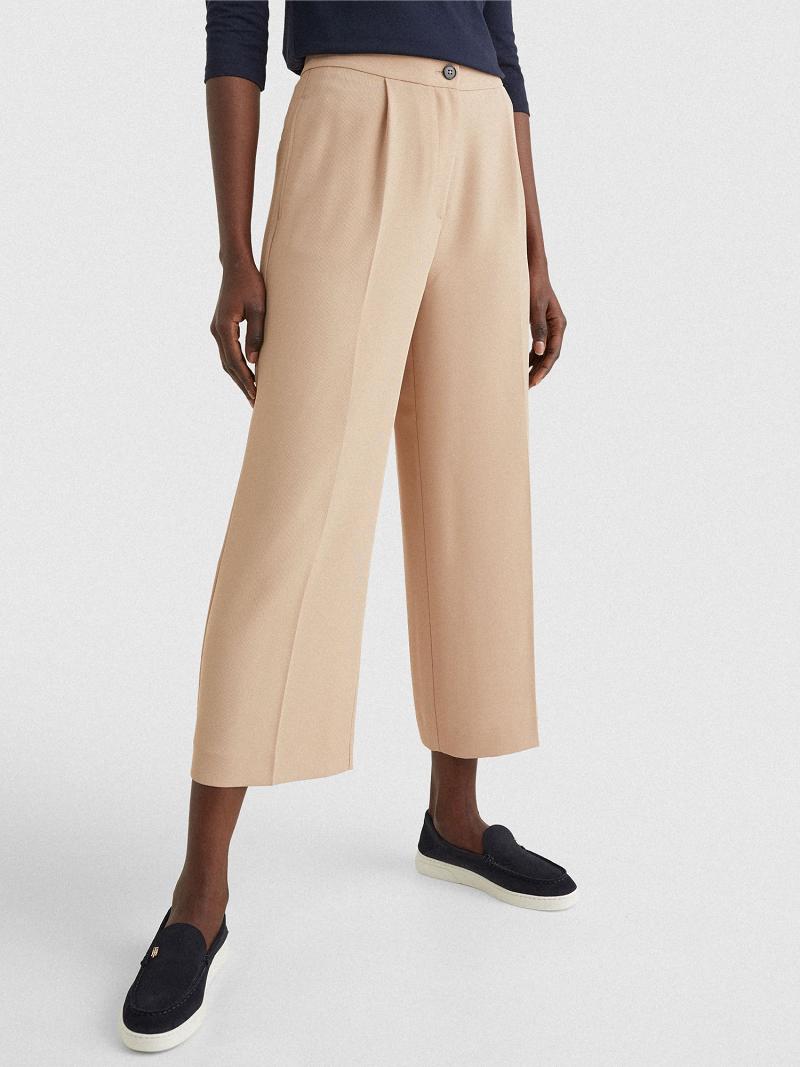 Beige Tommy Hilfiger Relaxed Fit Wide-Leg Pants | NZ_W21250