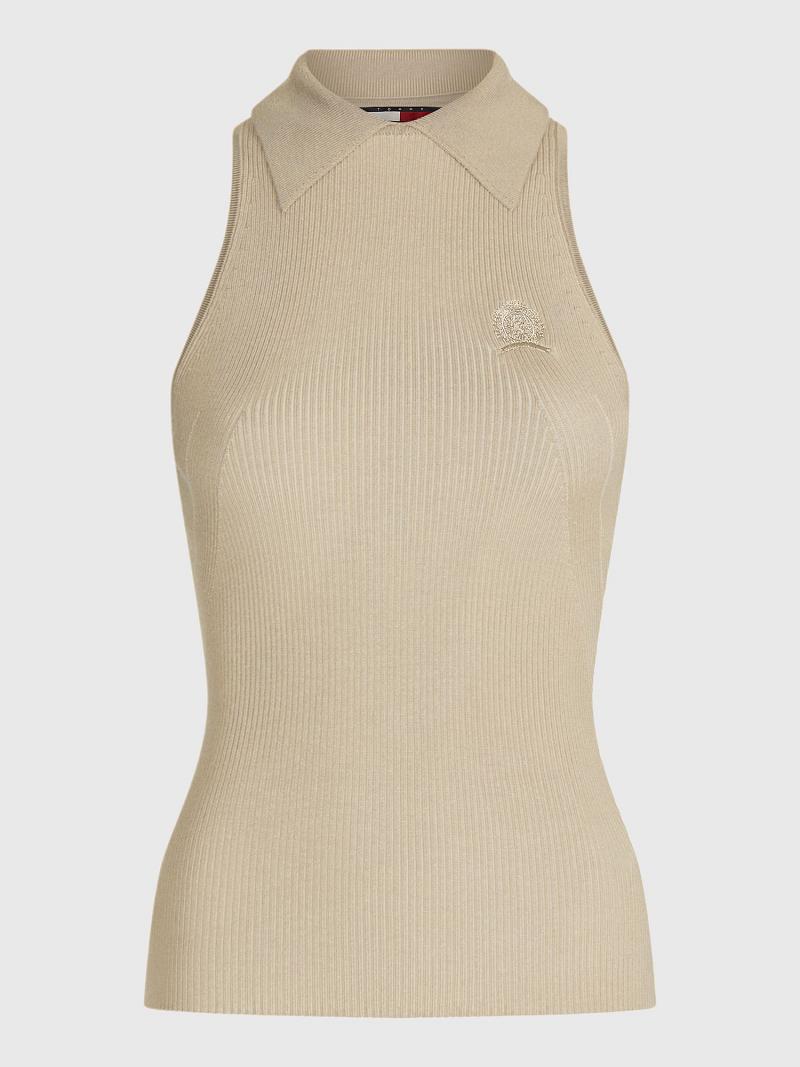 Beige Tommy Hilfiger Slim Fit Sleeveless Polos | NZ_W21274