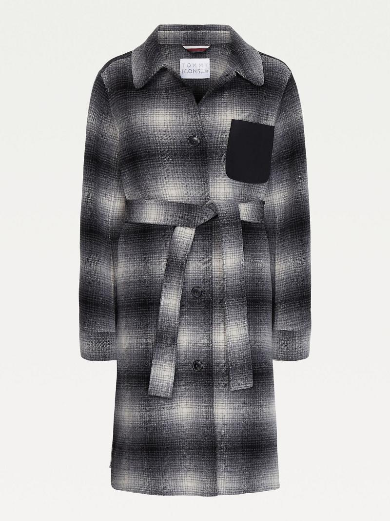 Black / Grey Tommy Hilfiger Icon Wool Check Coats | NZ_W21034