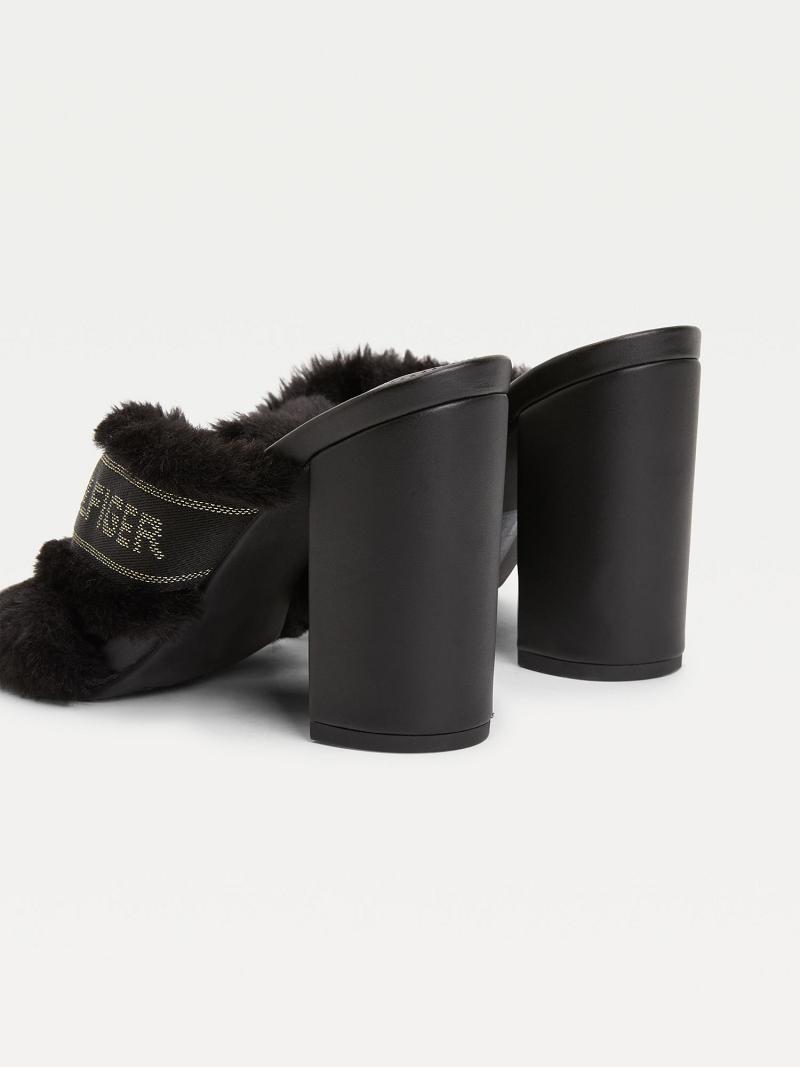 Black Tommy Hilfiger Black Furry Heeled Heeled Sandals | NZ_W21604