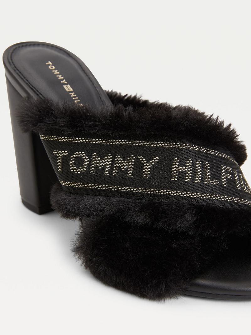 Black Tommy Hilfiger Black Furry Heeled Heeled Sandals | NZ_W21604