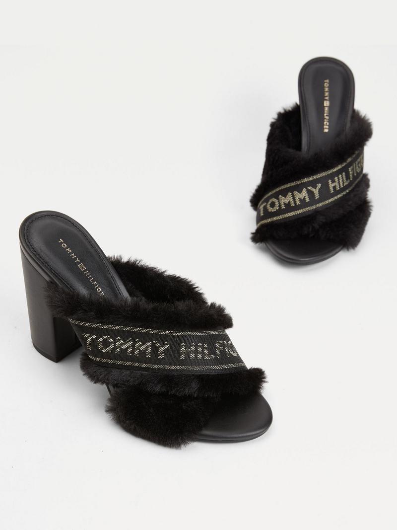 Black Tommy Hilfiger Black Furry Heeled Heeled Sandals | NZ_W21604