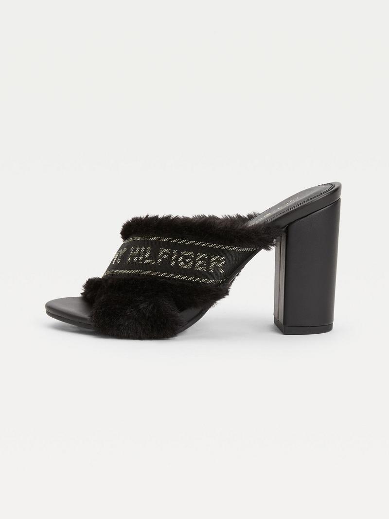 Black Tommy Hilfiger Black Furry Heeled Heeled Sandals | NZ_W21604