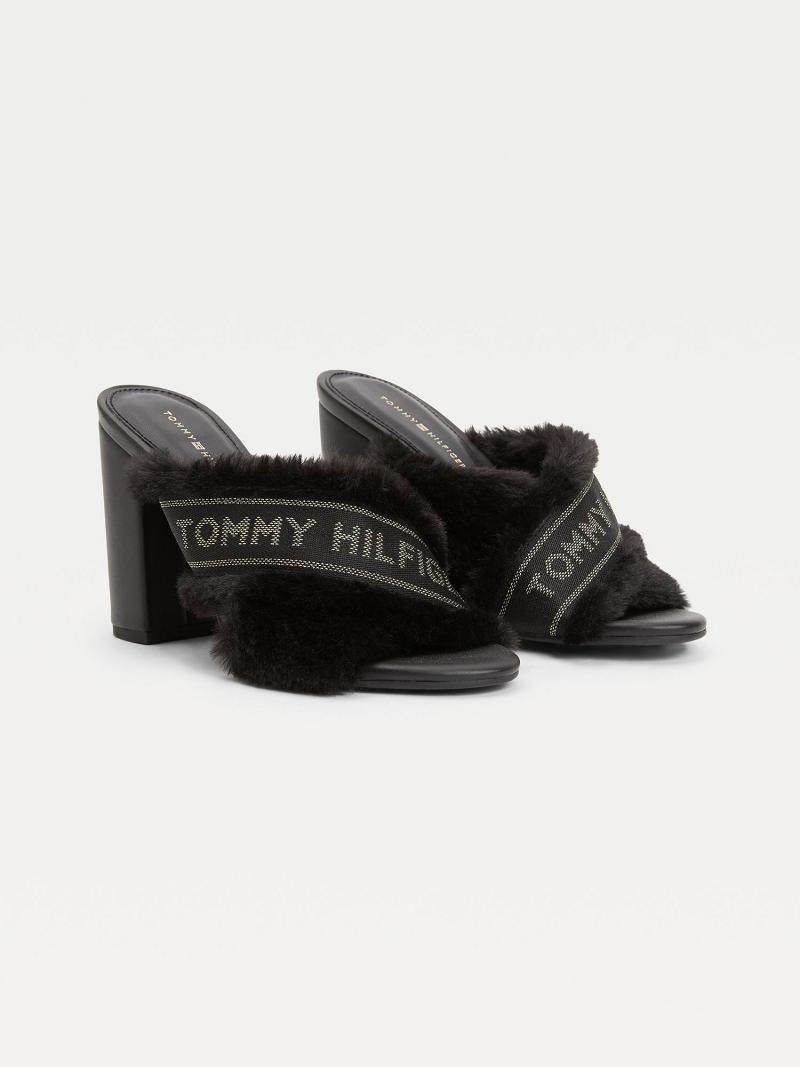 Black Tommy Hilfiger Black Furry Heeled Heeled Sandals | NZ_W21604