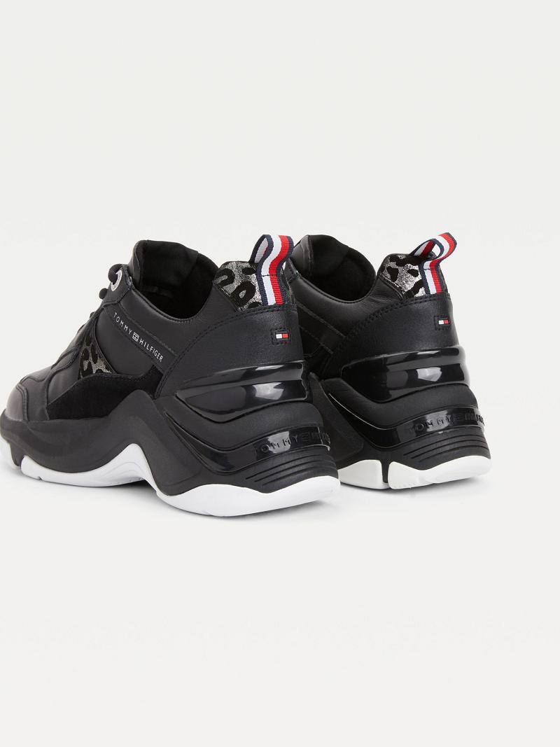 Black Tommy Hilfiger Chunky Wedge Leather Sneakers | NZ_W21627