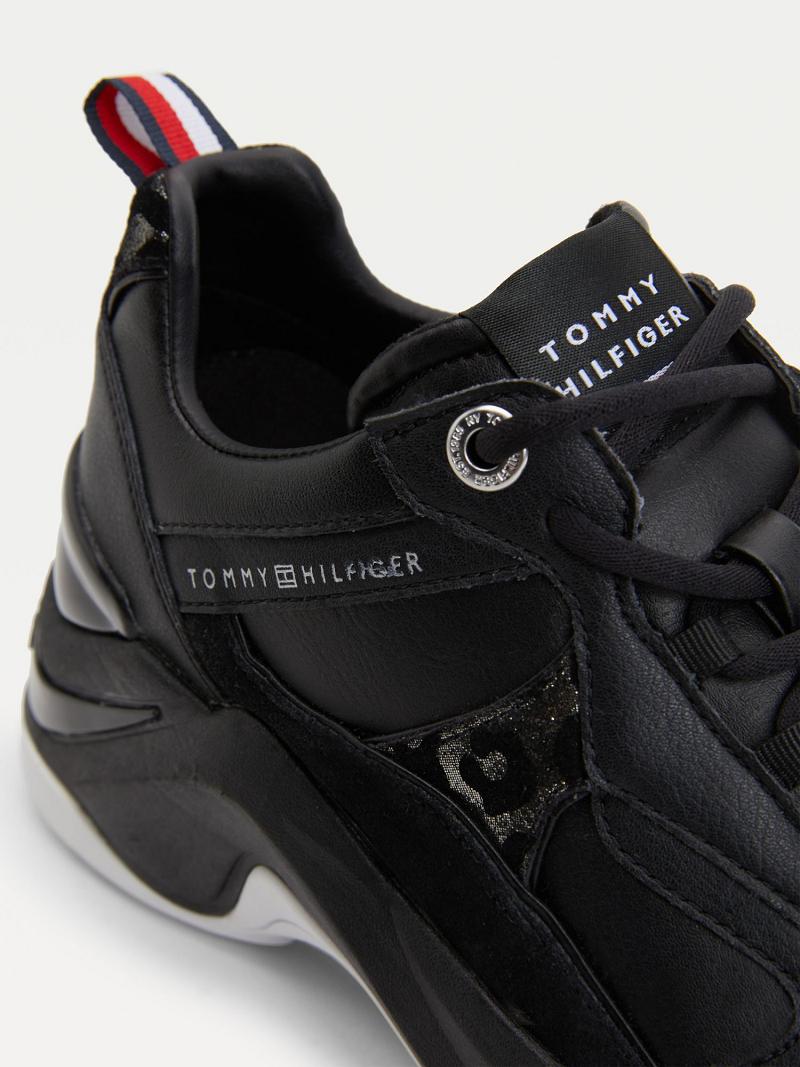 Black Tommy Hilfiger Chunky Wedge Leather Sneakers | NZ_W21627