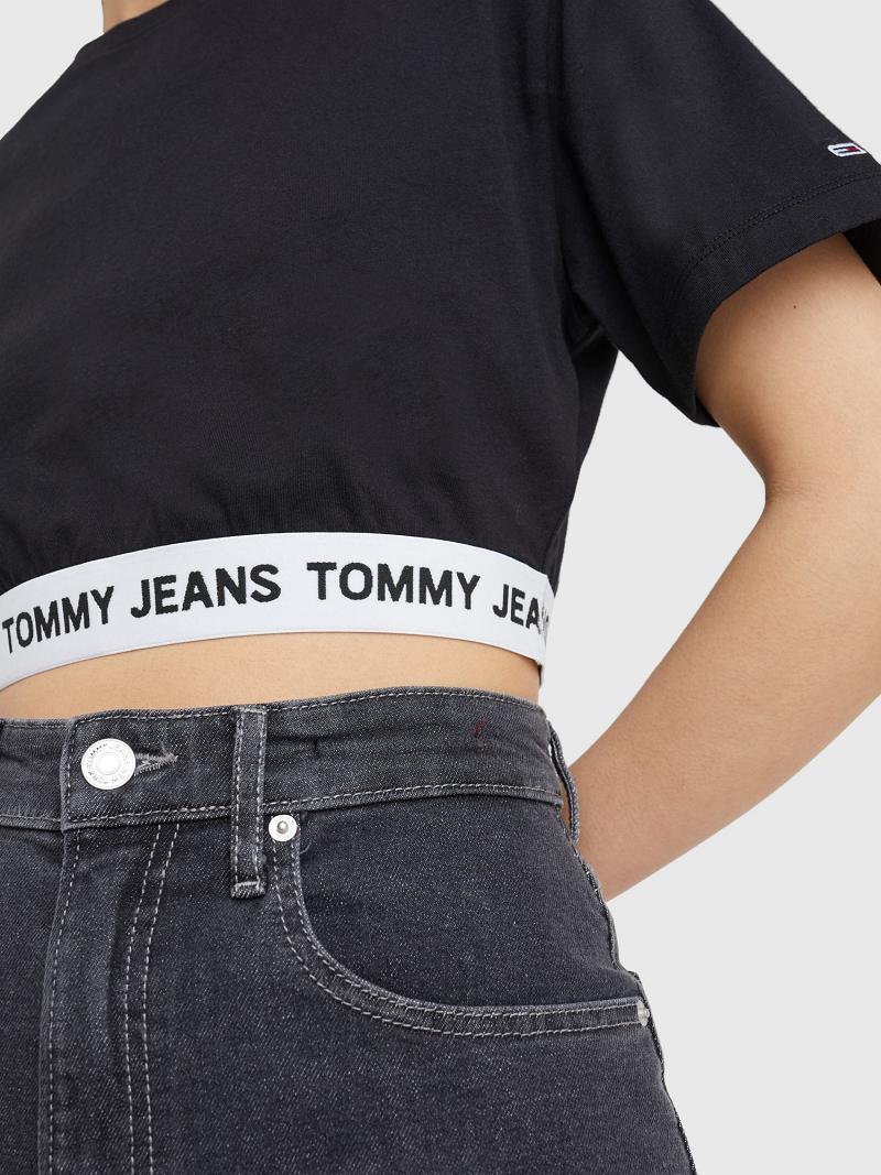 Black Tommy Hilfiger Cropped Logo Tape T Shirts | NZ_W21437