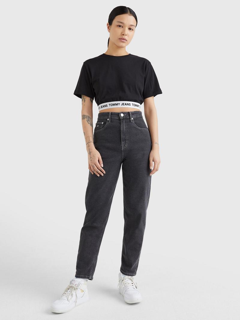 Black Tommy Hilfiger Cropped Logo Tape T Shirts | NZ_W21437