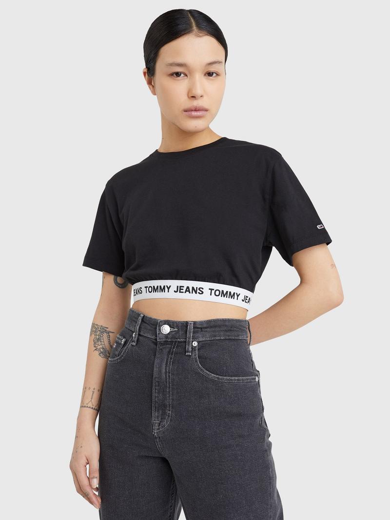 Black Tommy Hilfiger Cropped Logo Tape T Shirts | NZ_W21437