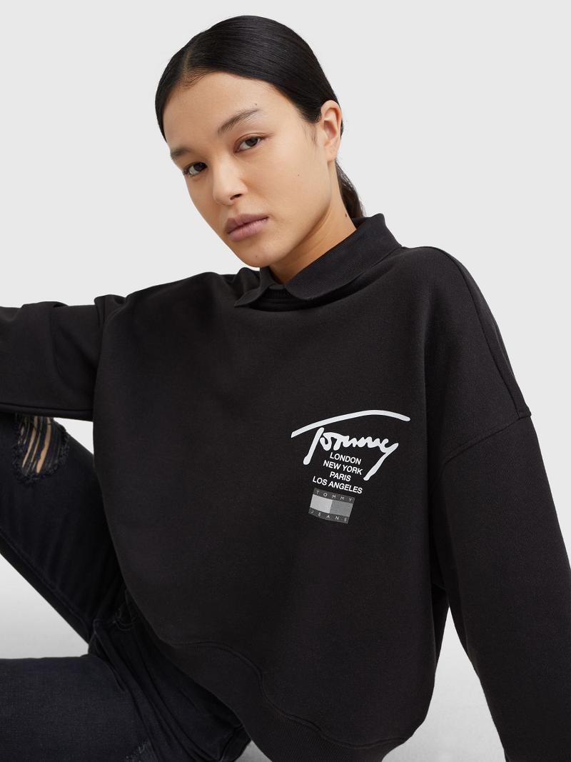 Black Tommy Hilfiger Cropped Signature Sweatshirts | NZ_W21379