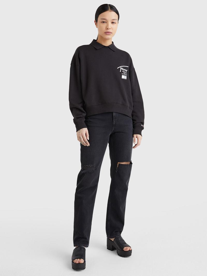 Black Tommy Hilfiger Cropped Signature Sweatshirts | NZ_W21379