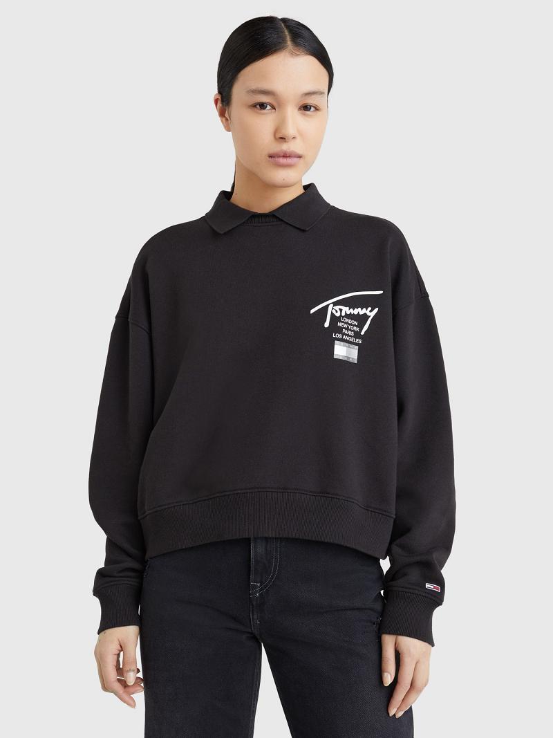 Black Tommy Hilfiger Cropped Signature Sweatshirts | NZ_W21379