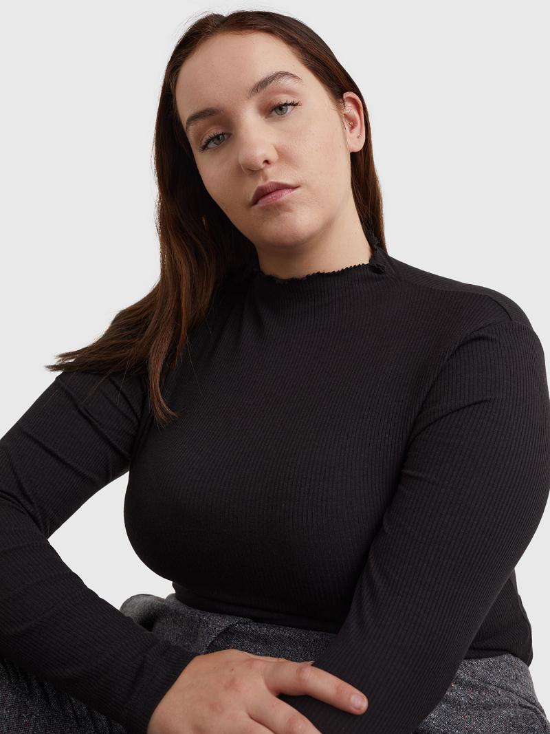 Black Tommy Hilfiger Curve Long-Sleeve Stretch Tops | NZ_W21492