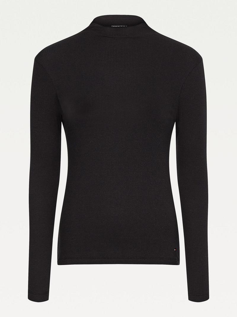 Black Tommy Hilfiger Curve Long-Sleeve Stretch Tops | NZ_W21492