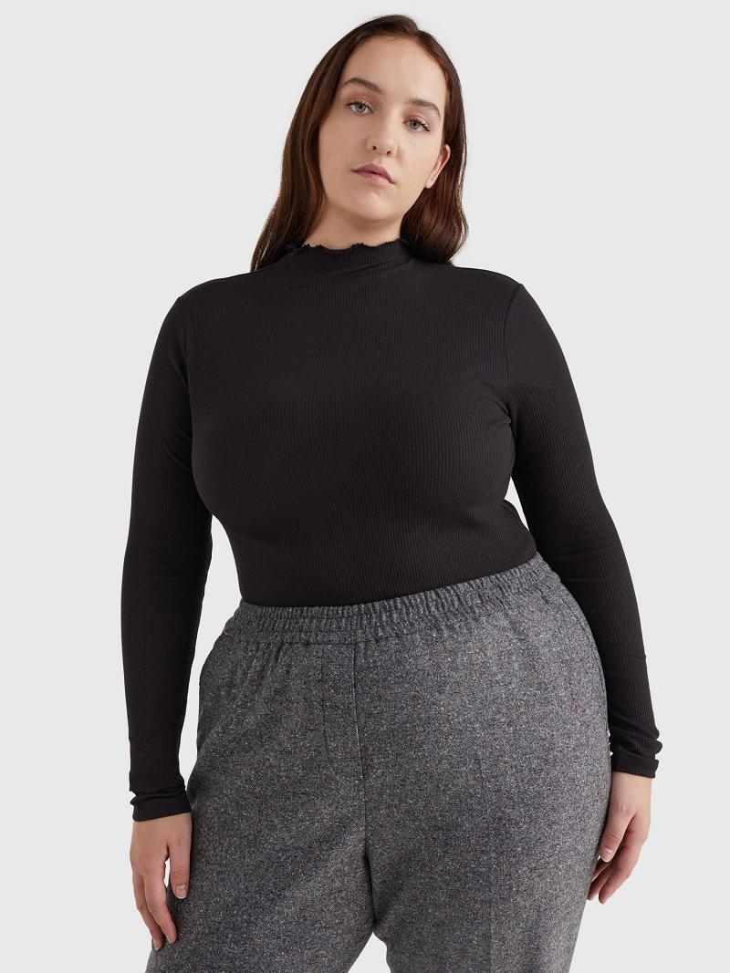 Black Tommy Hilfiger Curve Long-Sleeve Stretch Tops | NZ_W21492