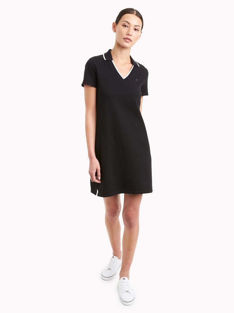 Black Tommy Hilfiger Essential V-Neck Polo Dresses | NZ_W21084