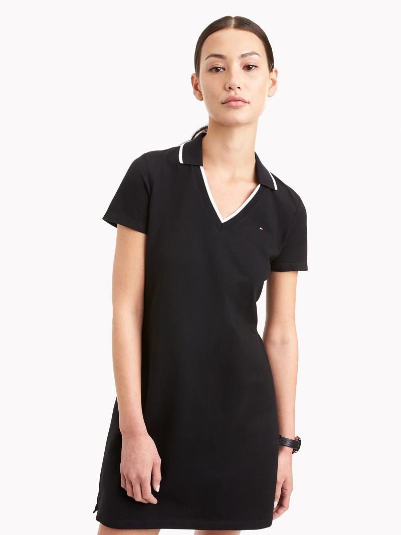 Black Tommy Hilfiger Essential V-Neck Polo Dresses | NZ_W21084