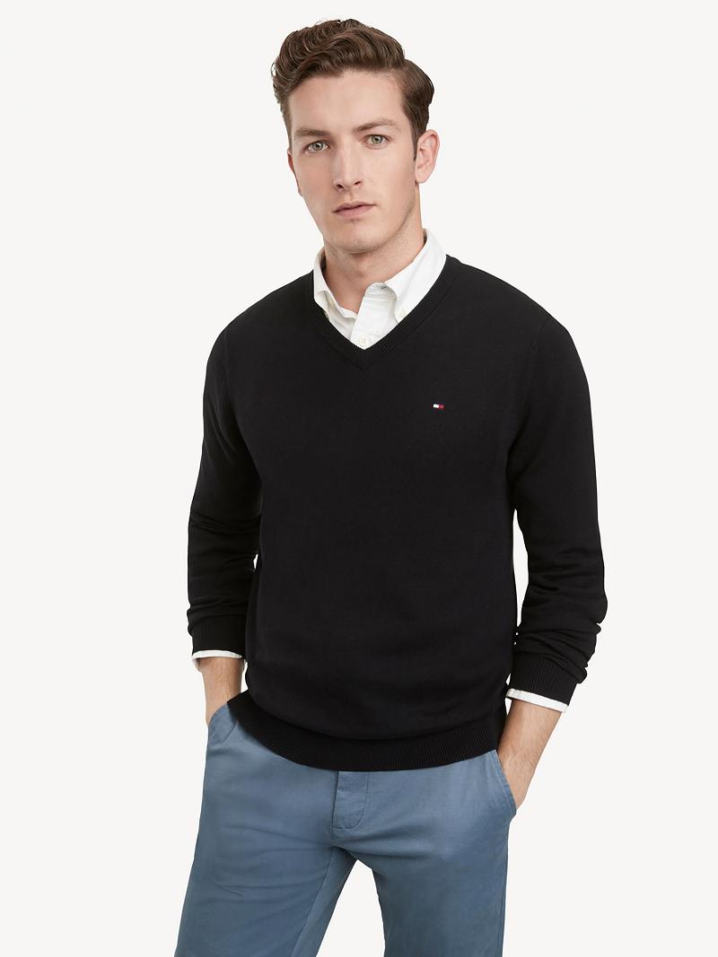 Black Tommy Hilfiger Essential V-Neck Sweaters | NZ_M31166