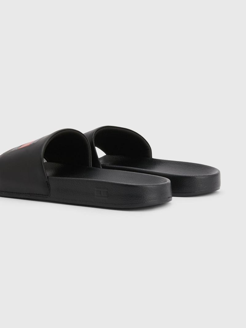 Black Tommy Hilfiger Flag Pool Slides | NZ_M31640