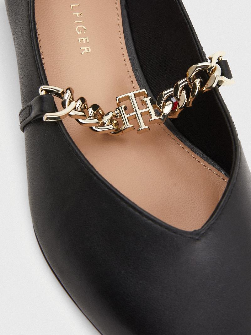 Black Tommy Hilfiger Leather Chain Ballerina Flat Shoes | NZ_W21602