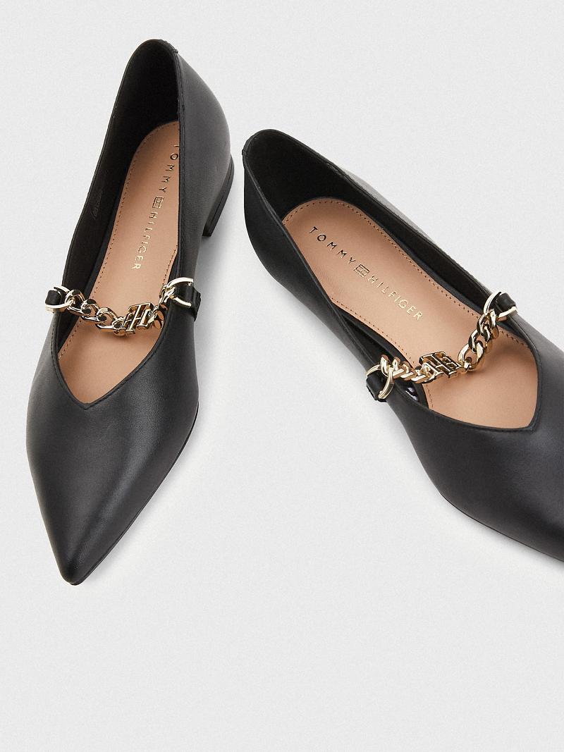 Black Tommy Hilfiger Leather Chain Ballerina Flat Shoes | NZ_W21602