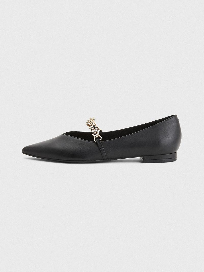 Black Tommy Hilfiger Leather Chain Ballerina Flat Shoes | NZ_W21602