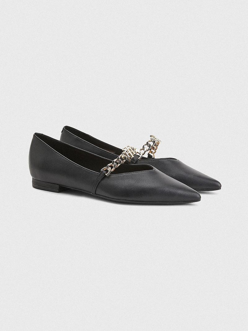 Black Tommy Hilfiger Leather Chain Ballerina Flat Shoes | NZ_W21602