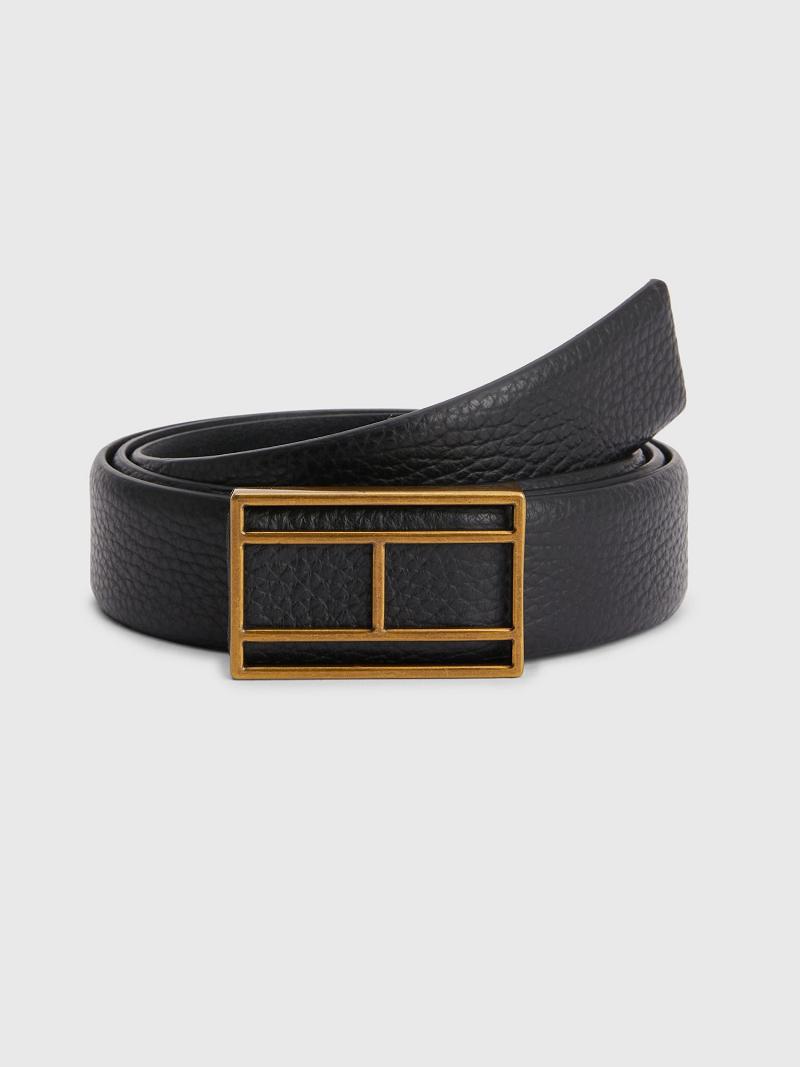 Black Tommy Hilfiger Leather Flag Logo Belts | NZ_W31719