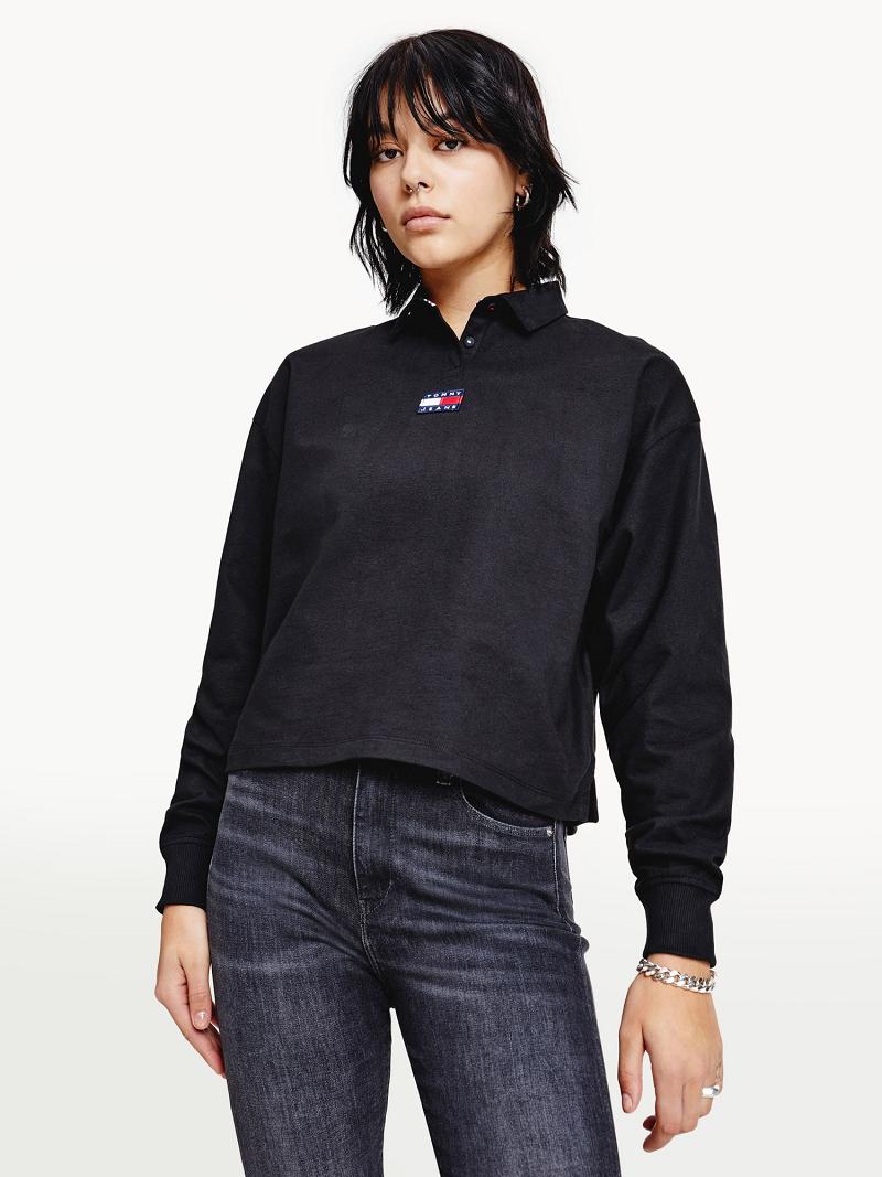 Black Tommy Hilfiger Organic Cotton Badge Long-Sleeve Polos | NZ_W21270