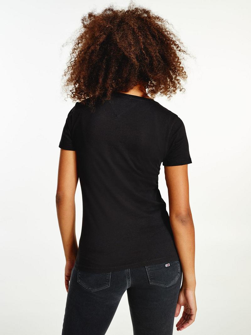 Black Tommy Hilfiger Organic Cotton Extra Slim Fit Logo T Shirts | NZ_W21470