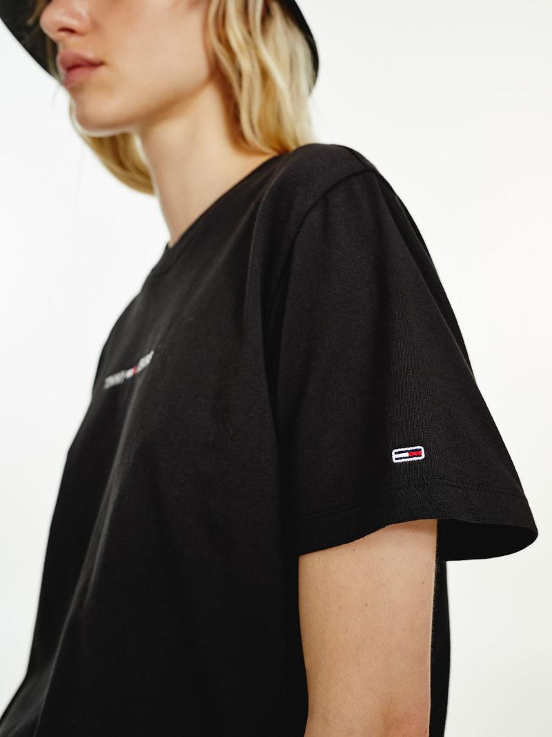 Black Tommy Hilfiger Organic Cotton Linear Logo T Shirts | NZ_W21471