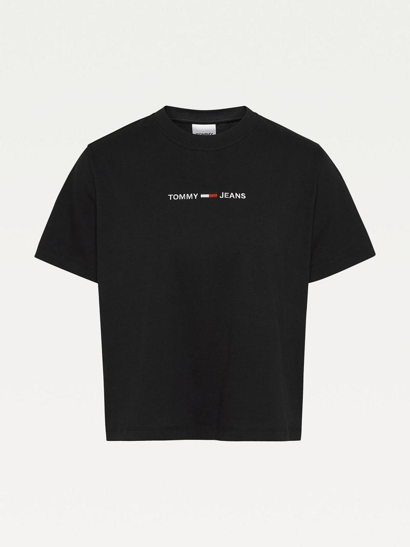 Black Tommy Hilfiger Organic Cotton Linear Logo T Shirts | NZ_W21471