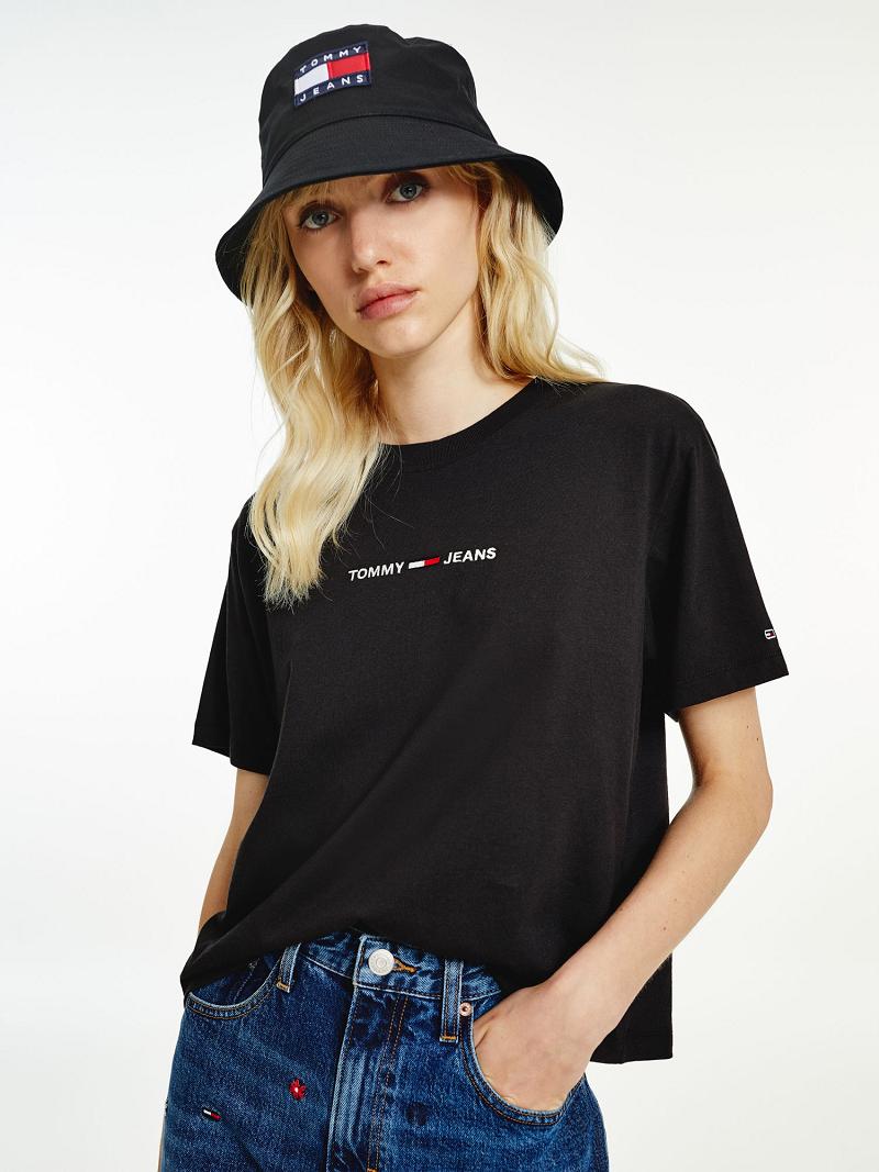 Black Tommy Hilfiger Organic Cotton Linear Logo T Shirts | NZ_W21471