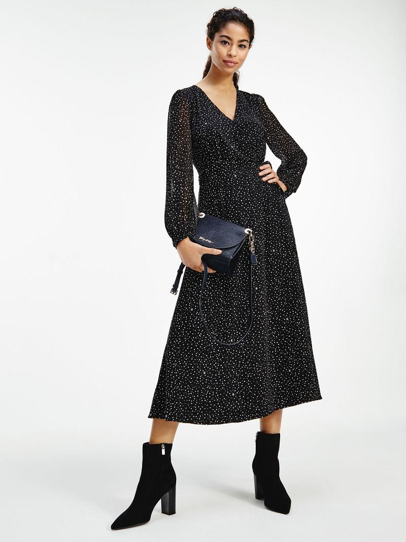 Black Tommy Hilfiger Recycled Georgette Wrap Dresses | NZ_W21109