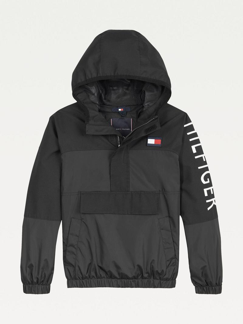 Black Tommy Hilfiger Recycled Hooded Popover Jackets | NZ_B2043