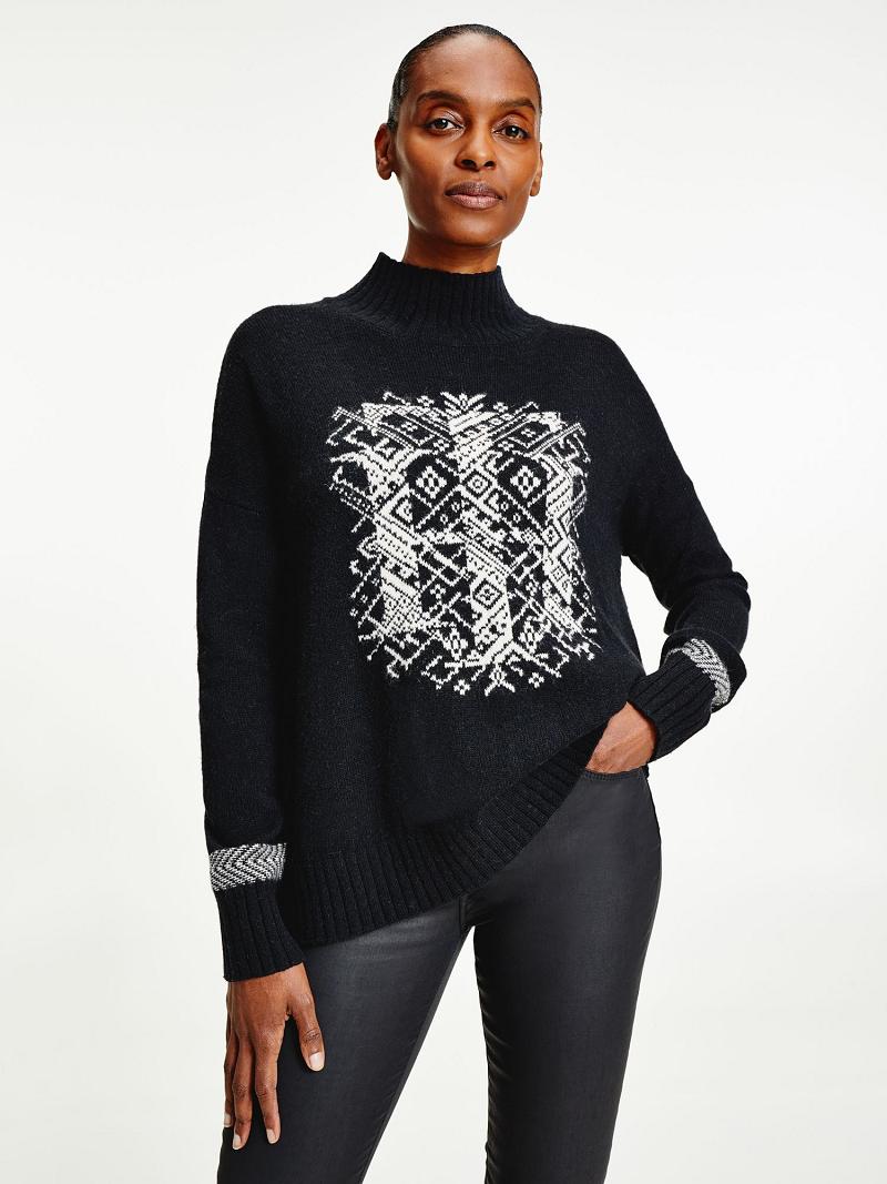 Black Tommy Hilfiger Relaxed Fit Monogram Sweaters | NZ_W21364