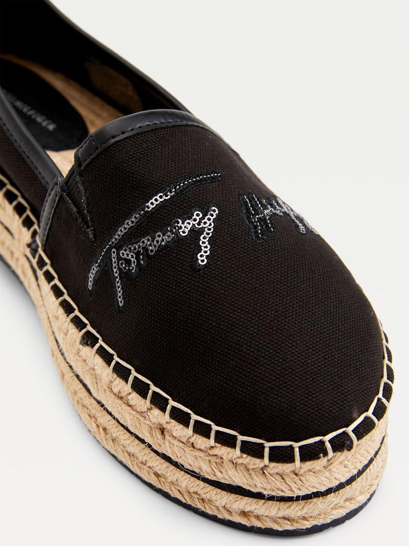 Black Tommy Hilfiger Sequin Signature Espadrille Casual Shoes | NZ_W21596