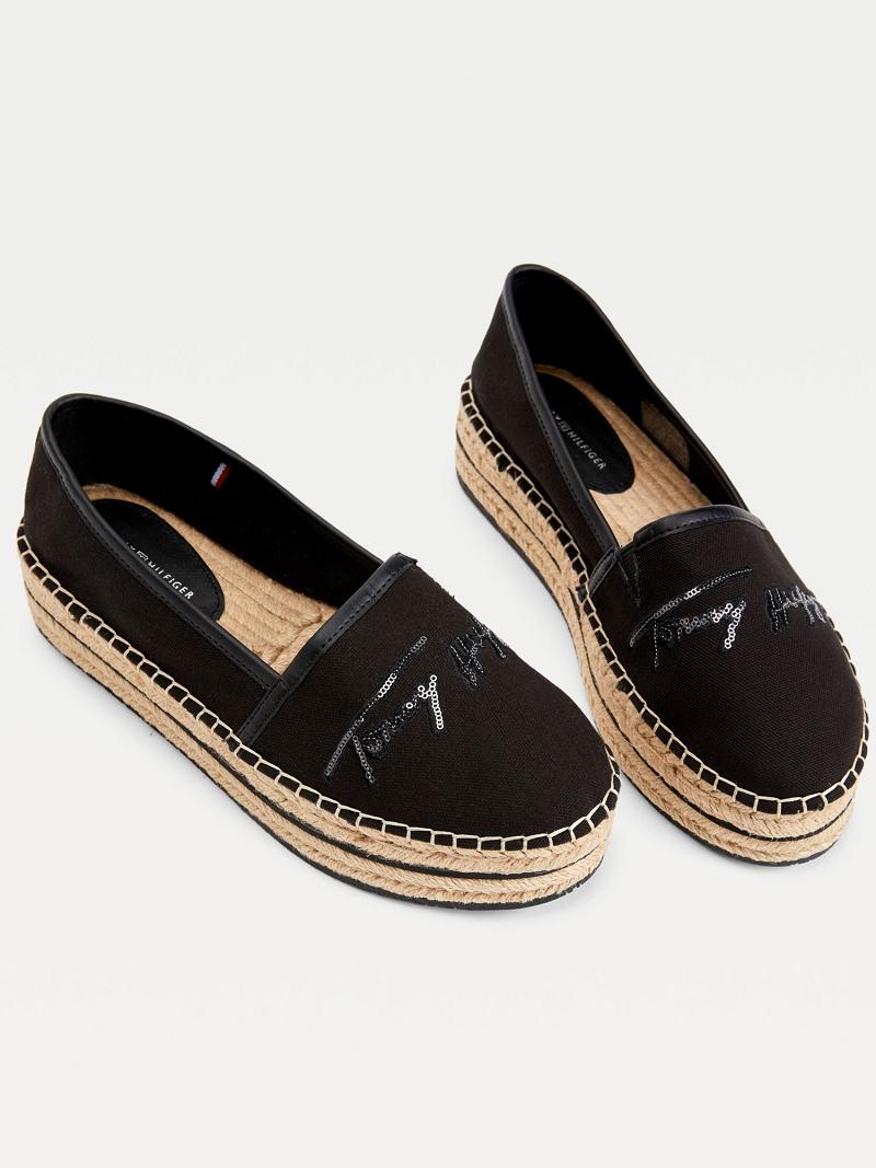 Black Tommy Hilfiger Sequin Signature Espadrille Casual Shoes | NZ_W21596