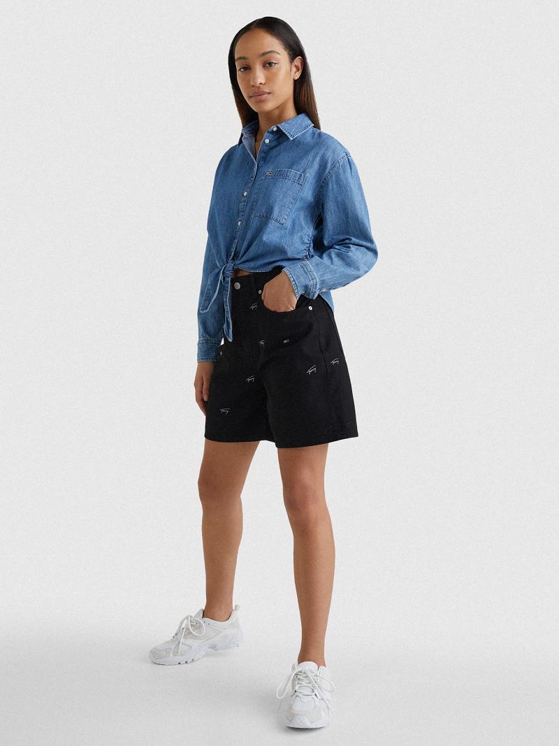 Black Tommy Hilfiger Signature Denim Mom Shorts | NZ_W21312