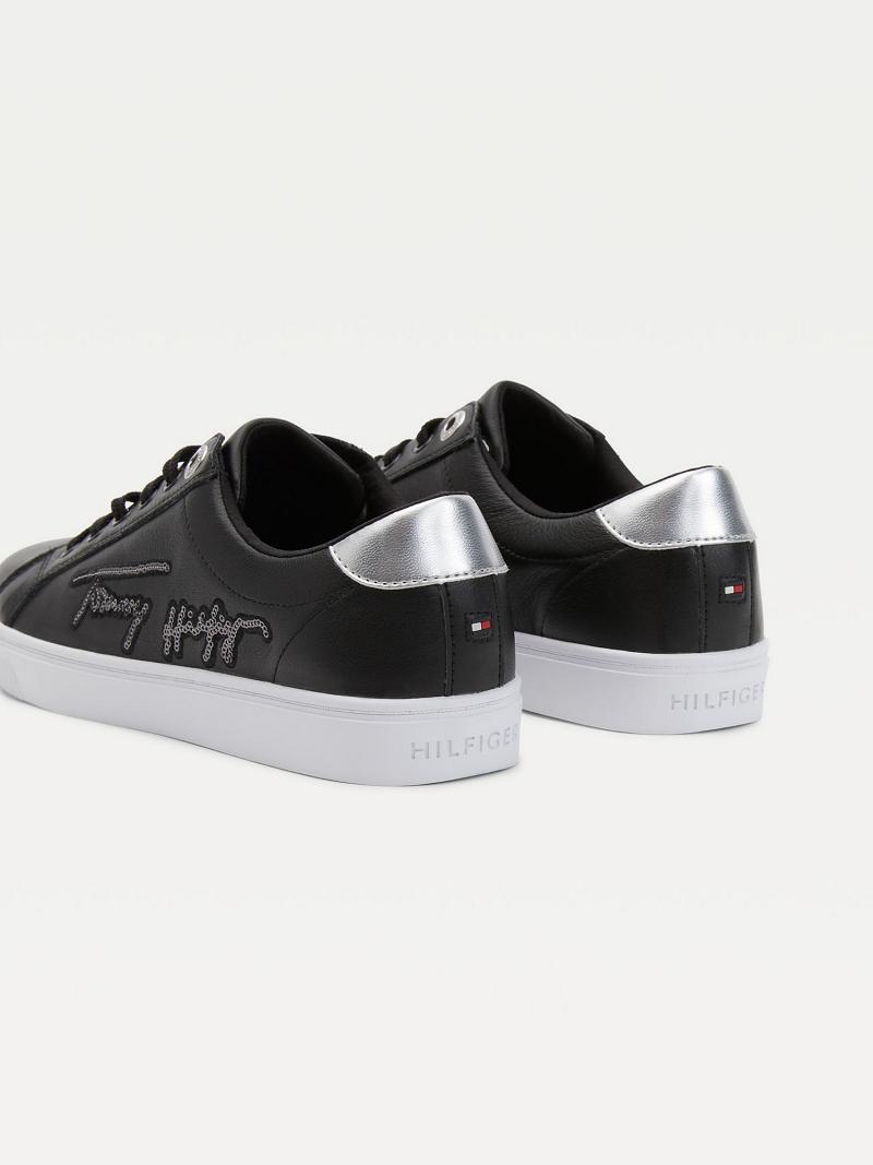 Black Tommy Hilfiger Signature Leather Cupsole Sneakers | NZ_W21640