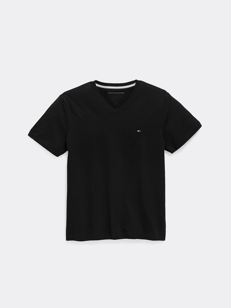 Black Tommy Hilfiger Solid V-Neck T Shirts | NZ_G1262