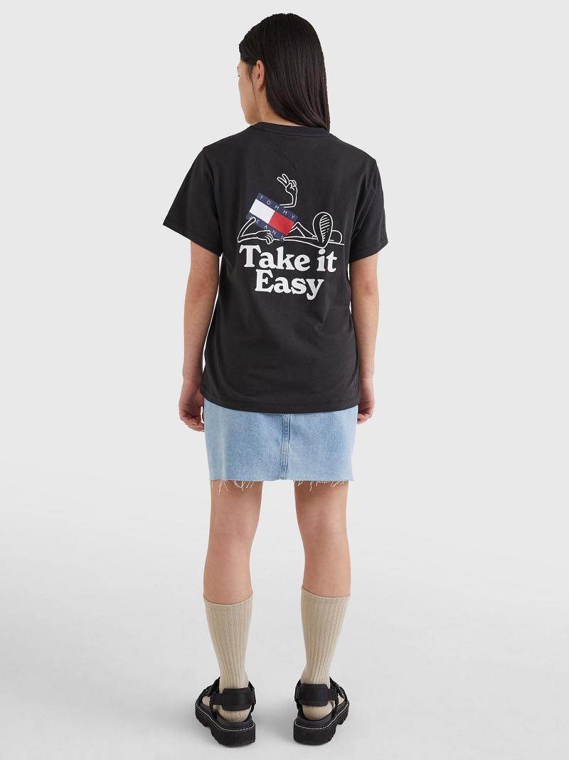 Black Tommy Hilfiger Take It Easy Logo T Shirts | NZ_W21482