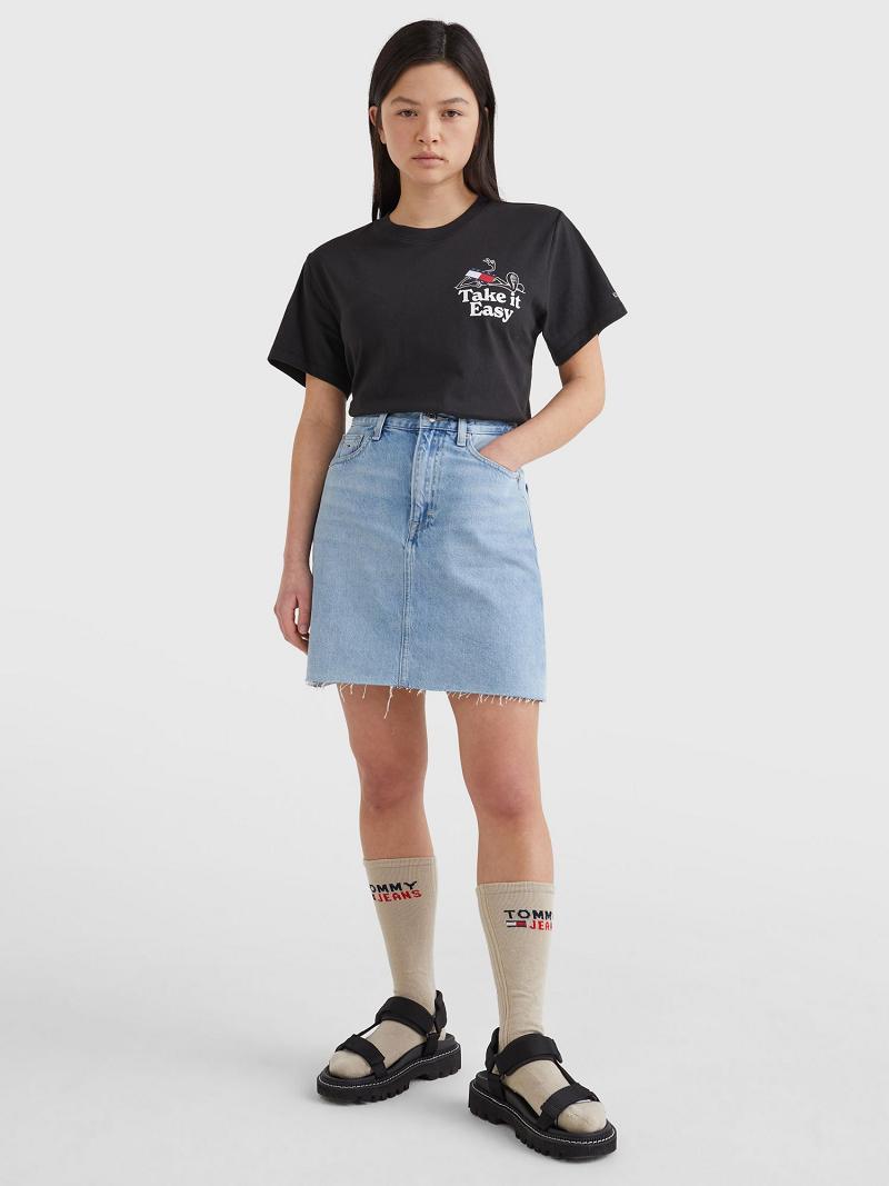 Black Tommy Hilfiger Take It Easy Logo T Shirts | NZ_W21482