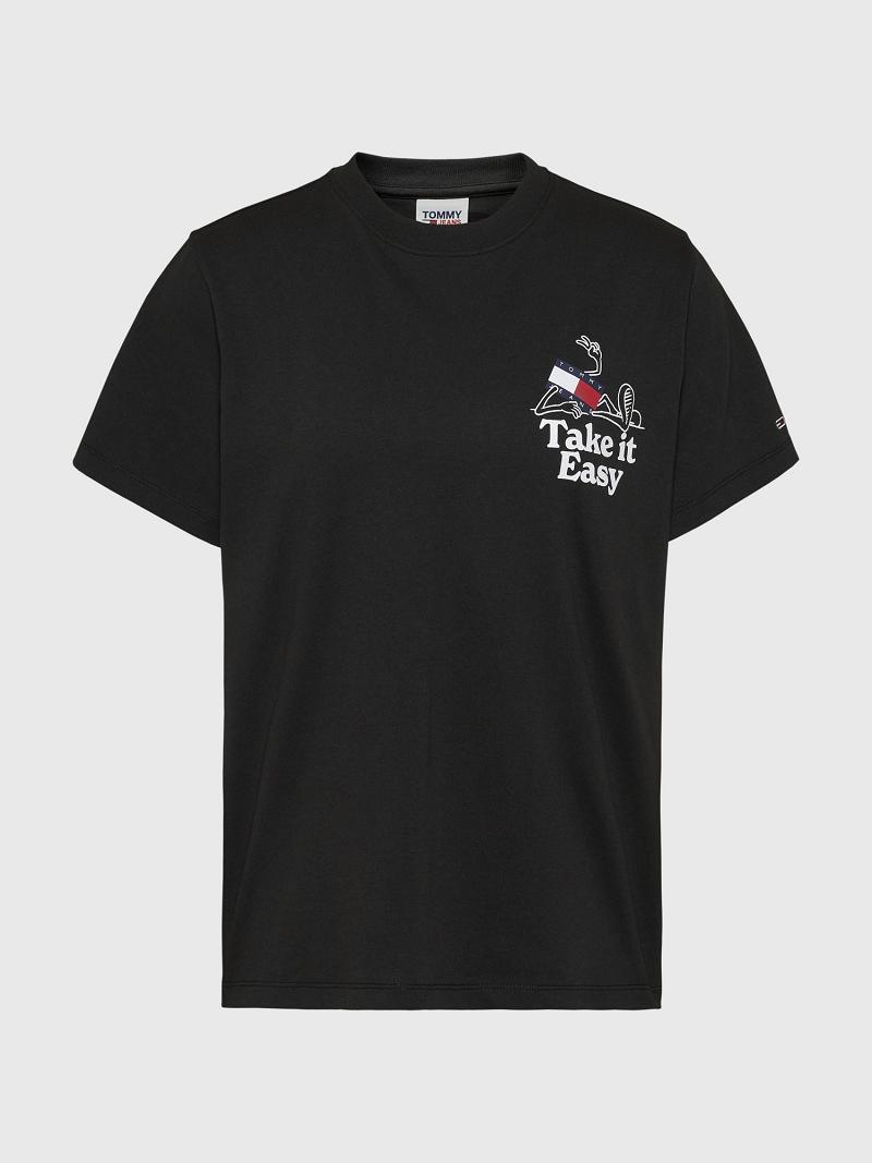 Black Tommy Hilfiger Take It Easy Logo T Shirts | NZ_W21482