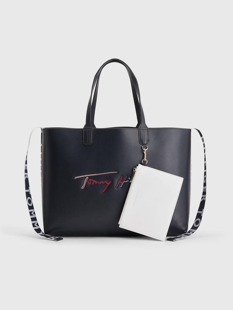 Black Tommy Hilfiger Tommy Signature Tote Bags | NZ_W21647