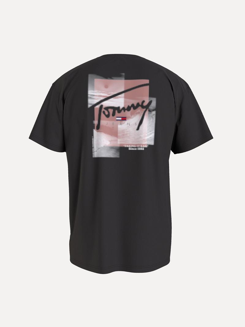 Black Tommy Hilfiger Wave script logo photoprint T Shirts | NZ_M31091