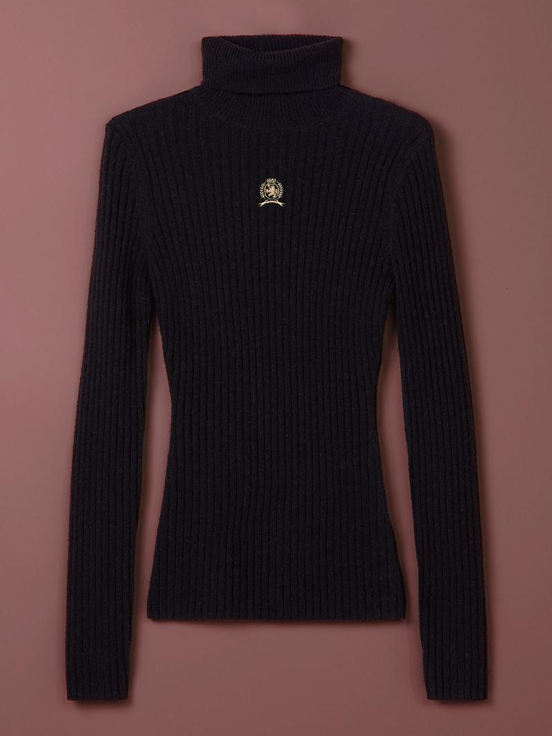 Black Tommy Hilfiger Wool Crest Turtleneck Sweaters | NZ_W21373